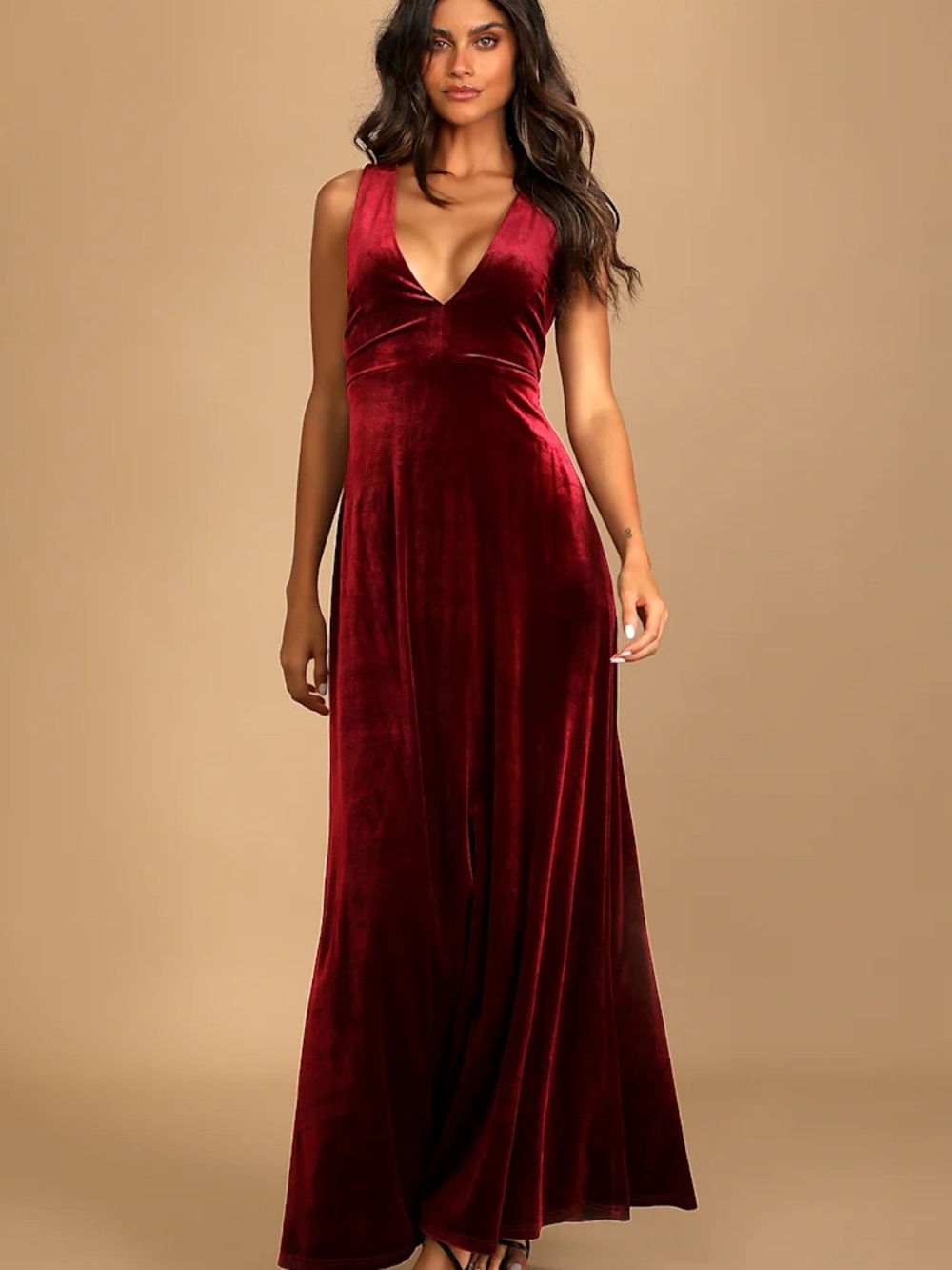 Lulu's Sleeveless Velvet V-Neck Maxi Dress in Burgundy Red